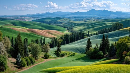 Vibrant Rolling Hills Under a Clear Blue Sky with Scattered Clouds Showcasing Patches of Yellow Flowers and Greenery in a Rural Landscape