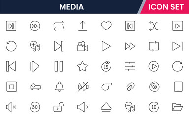 Media Vector web line icon collection, sleek illustrations of play, pause, volume, streaming for dynamic, multimedia designs.
