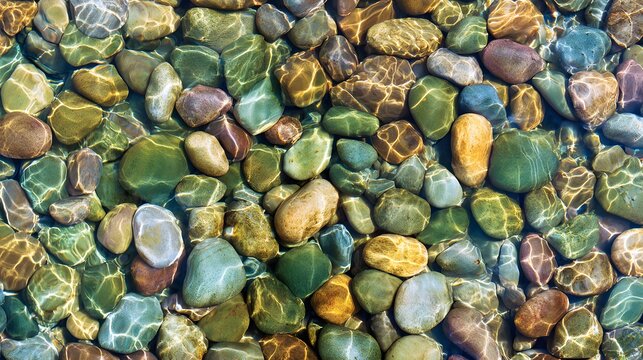  Smooth water-worn pebbles on a shallow stream bed with clear water flowing over them.