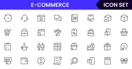 E-commerce vector web line icon collection, sleek illustrations of carts, payments, products, online shopping for vibrant, digital marketplace designs.