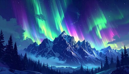 Stunning depiction of the aurora borealis illuminating snowy mountain peaks
