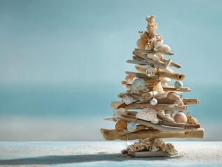 Beach-themed Christmas tree made of driftwood and shells