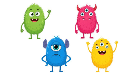 Naklejka premium Four colorful cartoon monsters with different expressions and poses isolated on transparent background