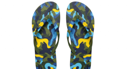 Colorful camouflage flipflops with yellow and blue pattern isolated on transparent background