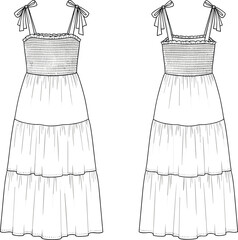 Smocked tiered midi dress flat sketch, sleeveless sundress CAD drawing, women’s summer dress vector template, ruffle fashion design illustration