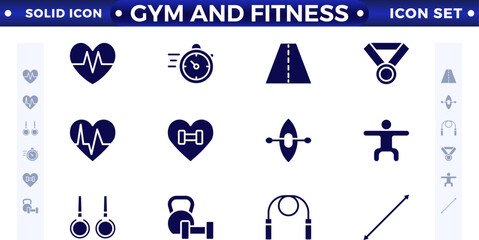 Gym and fitness icon set. Containing healthy lifestyle, weight training, body care, and workout or exercise equipment icons. Solid icon collection. 