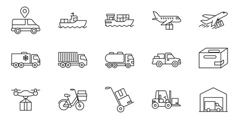 A versatile set of thin line icons for logistics, illustrating various modes of cargo transport, shipping, and delivery services