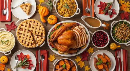 Thanksgiving Feast with Turkey, Mashed Potatoes, and Apple Pie