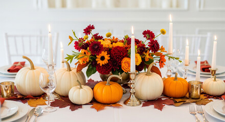 Elegant Fall Table Decoration with Pumpkins, Candles, and Flowers