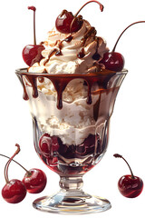 Indulge in sweet summer bliss with a delicious cherry sundae drizzled with rich chocolate sauce, topped with whipped cream, a perfect dessert treat