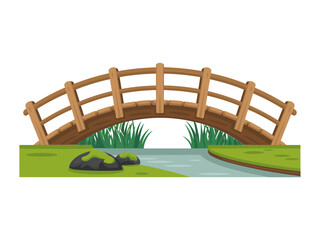 Naklejka premium Curved timber footbridge crossing shallow river, grassy embankments, tranquil park scenery, natural relaxation spot, detailed vector artwork
