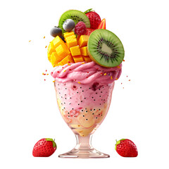 Indulge in a vibrant fruit sundae, a refreshing dessert featuring kiwi, mango, and strawberry, offering a delicious and healthy treat for any occasion