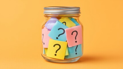 Colorful Sticky Notes with Question Marks Inside a Glass Jar on a Bright Yellow Background for Creative Inspiration