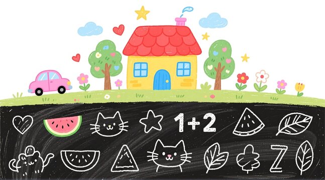 A cute, hand-drawn illustration of a sunny countryside scene with a yellow house, pink car, and trees  split by a chalkboard layer filled with doodles like cats, watermelons, leaves, and math equation