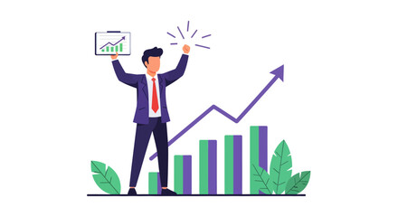 Dynamic business growth concept featuring a happy professional celebrating success with rising bar graph and upward trend, perfect for financial presentations