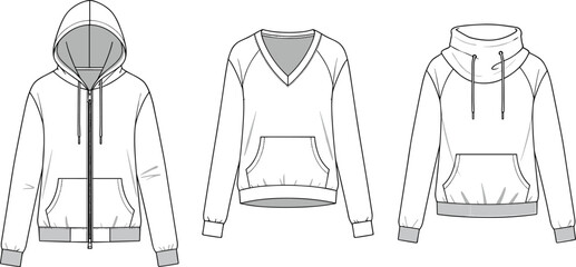 Unisex hoodie flat sketch, CAD drawing, zip up hoodie, pullover V neck, funnel neck sweatshirt, vector template, garment design, technical illustration