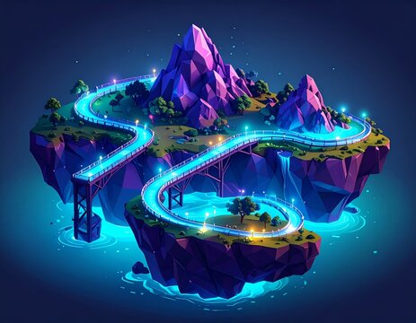 Vibrant Low Poly Island World with Glowing Road
