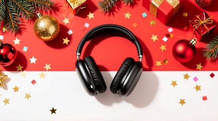 Black wireless headphones rest on a festive red background, surrounded by Christmas ornaments, gold stars, pine branches, and gift boxes  perfect holiday tech gifting scene.