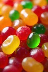 Close up Macro of Delectable Sour Candies with a Sugary Coating Extreme macro close up of assorted sour candies piled together. Focus on the glistening, sugary coating and the vibrant colors of the