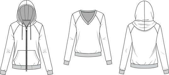 Unisex sweatshirt flat sketch, CAD drawing, zip up hoodie, pullover V neck, raglan sleeve hoodie, vector template, garment design, technical illustration