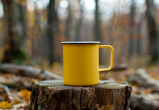 Yellow Mug Mockup On Tree Stump Psd