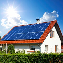 House with solar panels on roof, sunny day