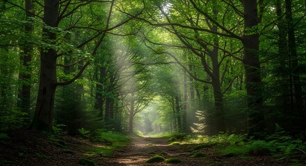 Fototapeta premium Beautiful forest with tall trees and sunlight beams filtering through branches jpeg image.