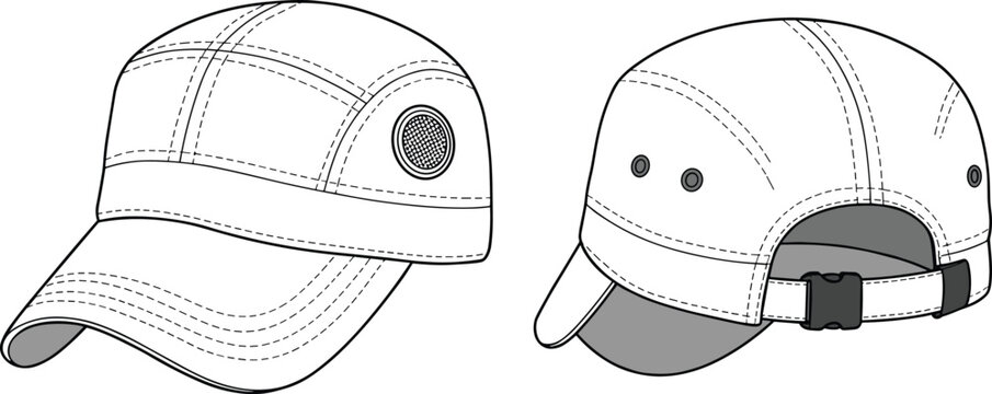 White baseball cap front and back view, black stitching detail, curved brim, mesh ventilation, adjustable strap, cad drawing flat vector illustration