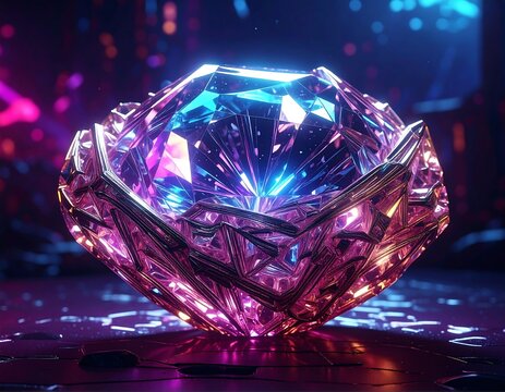 Stunning digital rendering of a faceted gem bowl, neon hues