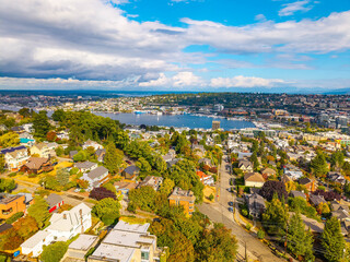 Scenic Aerial view of Seattle and Lake Union on summer sunny day