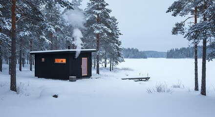 A modern Finnish lakeside sauna house in winter, black timber structure, steam rising from a vent, surrounded by deep snow and frozen lake