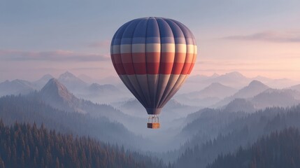 Fototapeta premium Hot Air Balloon Soaring Over a Majestic Mountain Landscape at Sunrise with Soft Hues and Serene Atmosphere