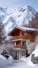 Warm Wooden Chalet Nestled Amidst Snowy Alpine Peaks and Snow-Dusted Pine Trees Under a Clear Blue Sky
