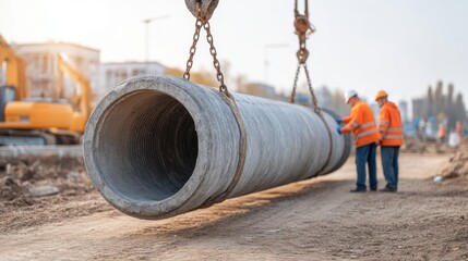 Urban Construction Scene with Stormwater Drainage Pipe Installation and Workers in Safety Gear on a Construction Site