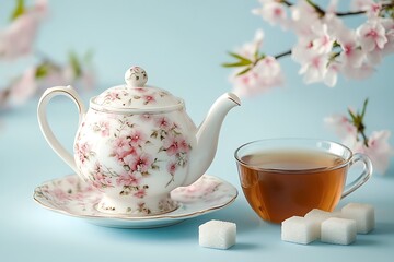 Fototapeta premium Teapot and cup of tea with flowers