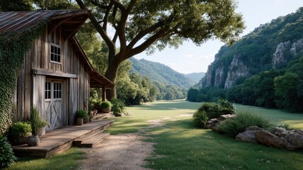 Weathered Rustic Wooden Barn with Overgrown Ivy Nestled Between Lush Green Trees and Rolling Hills Under Bright Sunlight