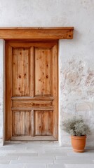 Weathered Wooden Door Textures With Charming Rustic Appeal Against Textured Wall And Potted Plant