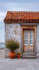 Weathered Wooden Window Frames on Old Stone Building Facade with Red Tiled Roof and Potted Plants by the Sea Under Cloudy Sky