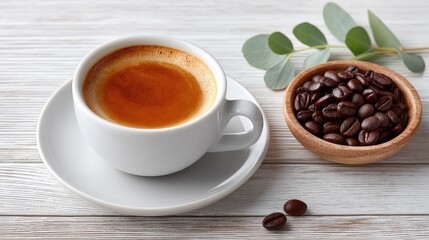 White ceramic cup filled with frothy espresso beside a small wooden bowl of roasted coffee beans on a white rustic wooden table with eucalyptus leaves