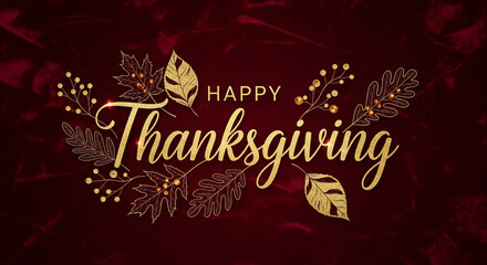 Golden Elegant Happy Thanksgiving Greeting with Leaves on Dark Red Velvet Background