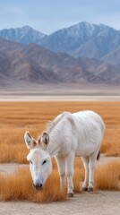 White donkey grazing in golden grass with brown mountains and blue sky in the background captured in daylight