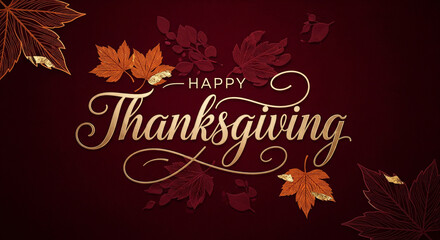 Elegant Happy Thanksgiving Greeting with Golden Autumn Leaves on Burgundy Background