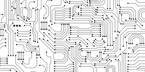 Abstract circuit board background. Technology connected black lines with electronics elements on tech bg.