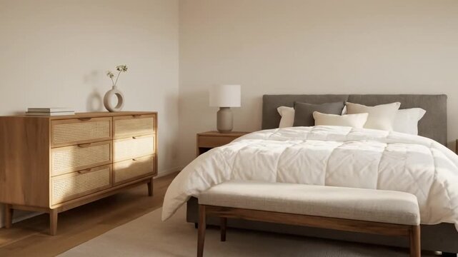 Serene bedroom featuring wood dresser  bed