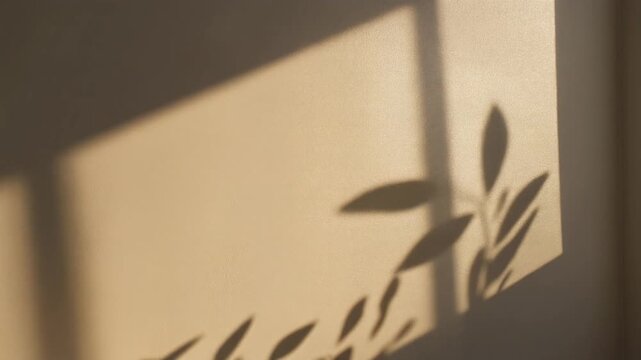 Slow motion moving leaf shadows dancing on beige wall with warm sunlight