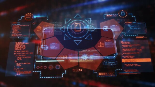 Infographics and program code elements displayed above the smartphone screen