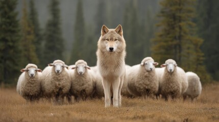 Naklejka premium A Majestic Wolf Stands Among Sheep in a Serene Landscape, Depicting the Intricate Balance of Nature and Animal Behavior in Perfect Harmony