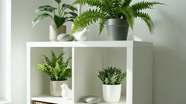 Shelved tranquility Ferns succulents  ceramic accents