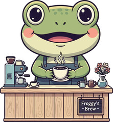 Adorable cartoon frog barista serving fresh coffee at his cafe stand
