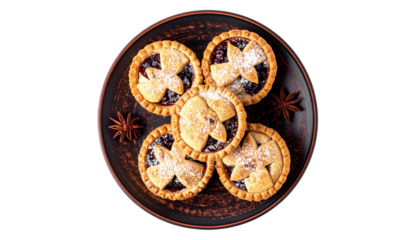 Mince Pies with Fruit Topping on Brown Plate, Isolated on Transparent Background, Top View